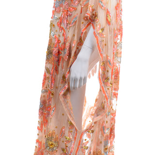 Vintage Beaded Sequin Peach Silk Caftan Evening Dress one size