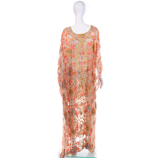 Vintage Beaded Sequin Peach Silk Caftan Evening Dress sheer