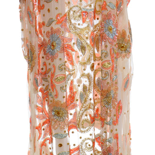 One Size Vintage Beaded Sequin Peach Silk Caftan Evening Dress