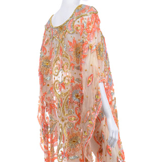 Vintage Beaded Sequin Peach Silk Caftan Evening Dress with gold lame embroidery