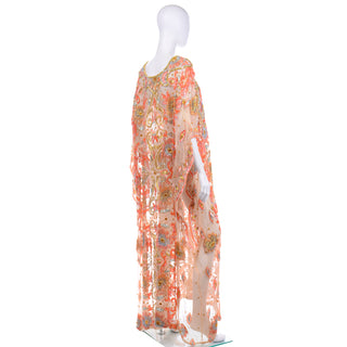 Vintage Beaded Sequin Peach Silk Caftan Evening gown Dress 