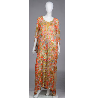 Vintage Beaded Sequin Peach Silk Caftan Evening Dress one size 1980s