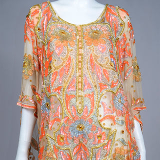 1980s One Size Vintage Beaded Sequin Peach Silk Caftan Evening Dress