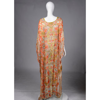 Vintage Beaded Sequin Peach Silk Caftan Evening Dress 1980s w gold lame embroidery