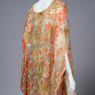 1980s Vintage Beaded Sequin Peach Silk Caftan Evening Dress gold lame embroidery 80s