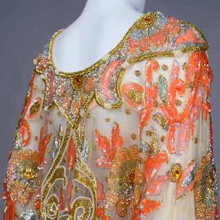 Vintage Beaded Sequin Peach Silk Caftan Evening Dress one size 1980s w gold embroidery
