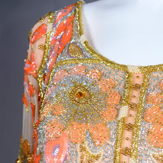 Vintage Beaded Sequin Peach Silk Caftan Evening Dress hand beaded