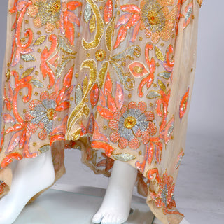 1980s Vintage Beaded Sequin Peach Silk Caftan Evening Dress hand beaded