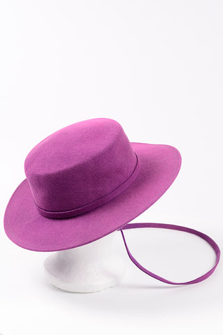1970s Purple Felted Wool Flat Crown Gaucho Hat w Long Strap