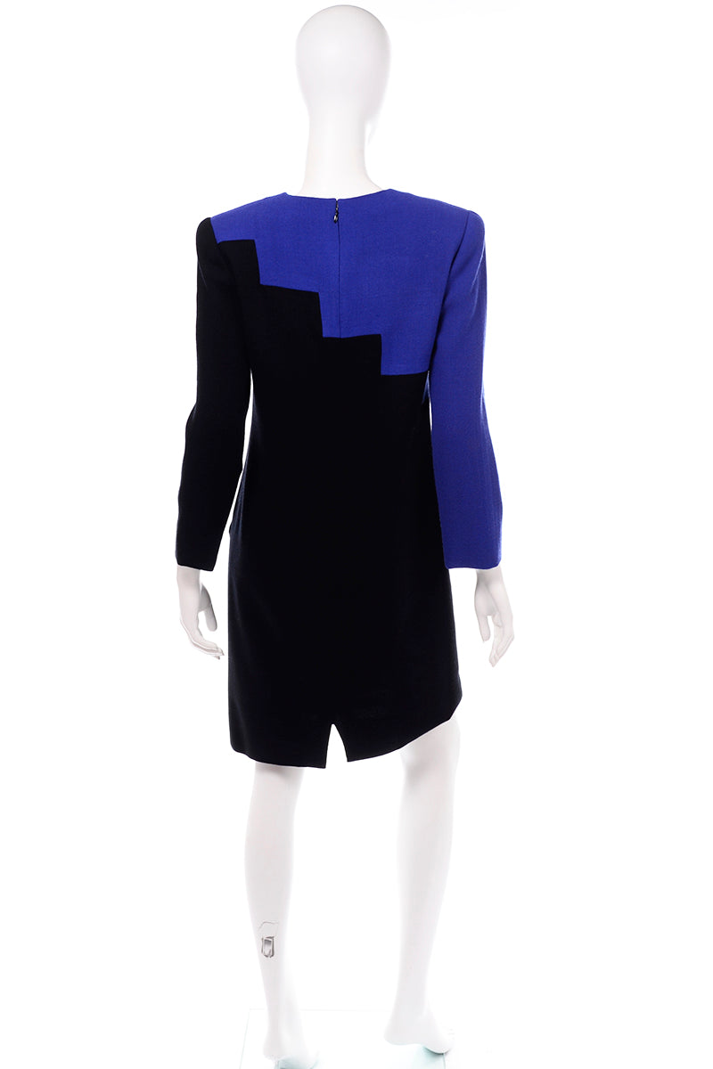 Vintage Blue and Black Helga Saks Fifth Avenue Color Block Wool Dress Vintage Blue and Black Helga Saks Fifth Avenue Color Block Wool Dress