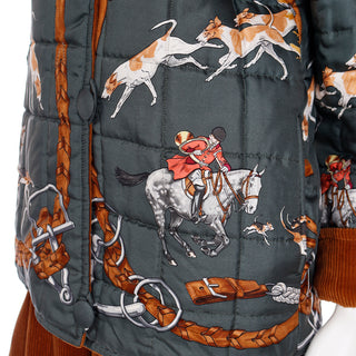 Quilted and Reversible Vintage Hermes Jacket with Fox Hunt Scarf Print and Corduroy