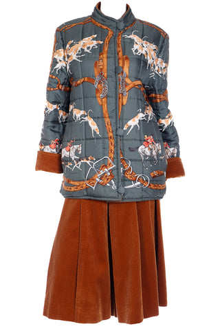 Hermes scarf print puff coat with 1979 Le Bien Aller by Jean de Fougerolle silk scarf print and matching culottes