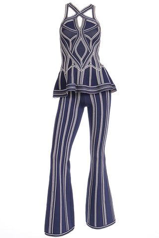 2016 Herve Leger Runway Bodycon Cutout Top and Flared Pants Outfit