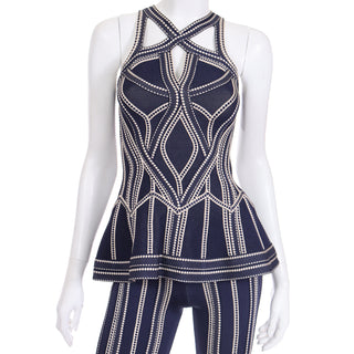 2016 Herve Leger Runway Bodycon Cutout Top and Flared Pants Outfit Navy Blue and White