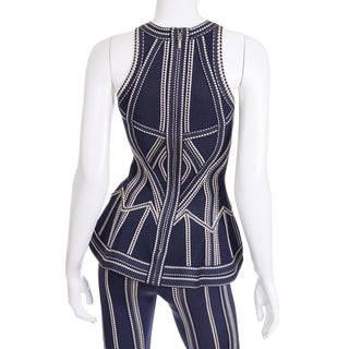 2016 Herve Leger Runway Bodycon Cutout Top and Flared Pants Outfit Blue and white