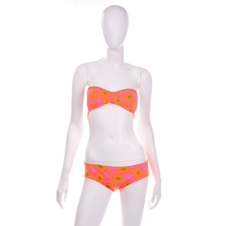 1970s High Tide Neon Pink Daisy Two Piece Strapless Bikini
