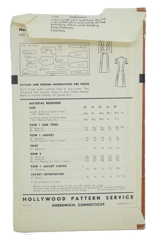 1940s Hollywood 1736 Unused Vintage Skirt & Jacket 40s Sewing Pattern