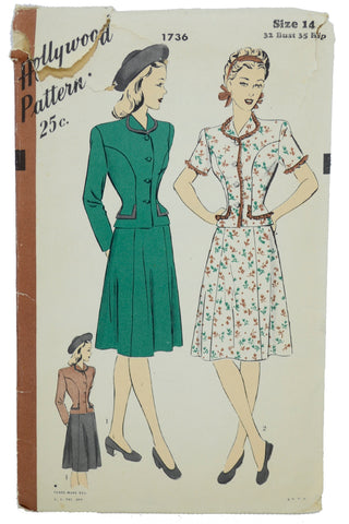 1940s Hollywood 1736 Unused Vintage Skirt & Fitted Jacket Sewing Pattern