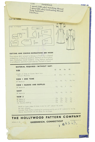 1940s Vintage Hollywood 1141 Dress Skirt & Blouse Pattern Dorothy Lovett RKO