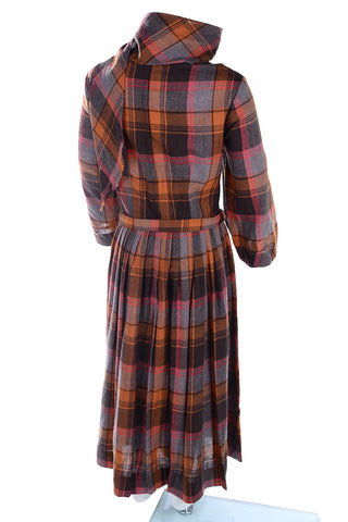 Brown and Orange vintage plaid wool girls dress w attached scarf