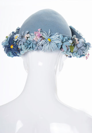 Vintage 1940s I Magnin blue wool felt hat with flowers - Dressing Vintage