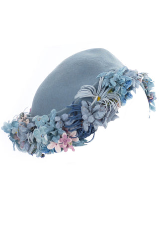 Vintage 1940s I Magnin blue wool felt hat with flowers - Dressing Vintage