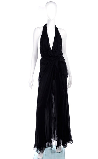 1990s Gianni Versace Vintage Sheer Black Silk Chiffon Halter Evening Dress