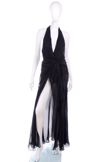 1990s Gianni Versace Sheer Black Silk Chiffon Evening Dress w Thigh High Slit