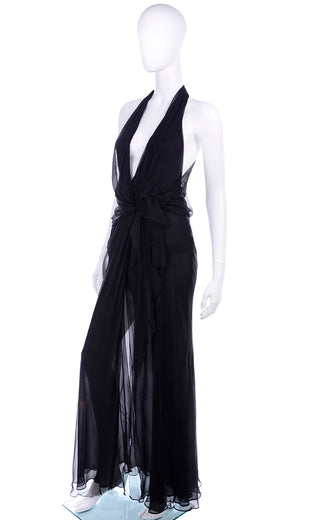 Vintage 1990s Gianni Versace Sheer Black Silk Chiffon Halter Evening Dress