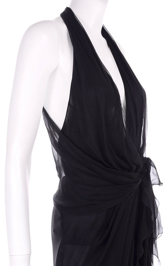 1990s Gianni Versace Sheer Black Silk Chiffon Low CUt Vintage Dress