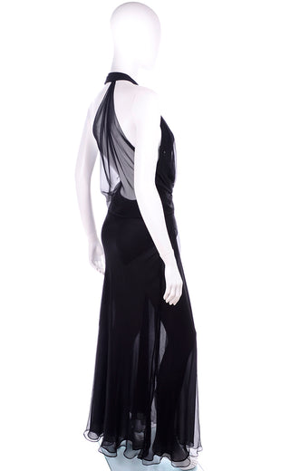 1990s Gianni Versace Sheer Black Silk Chiffon Evening Halter Dress