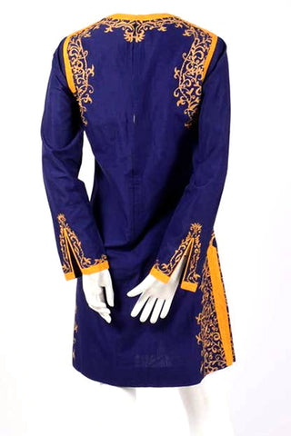Aananda Vintage 1960's Blue Tunic Dress w Marigold Embroidery Trim India