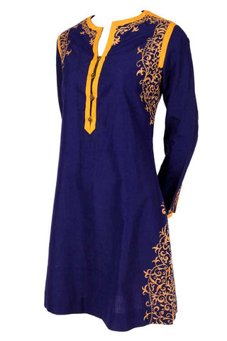 Aananda Vintage 1960's Blue Tunic Dress with Marigold Embroidery Trim