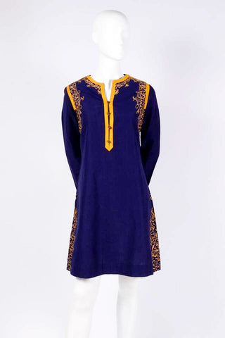 1970s Aananda Vintage 1960's Blue Tunic Dress w Marigold Embroidery Trim