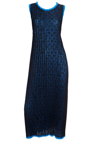 1990s Issey Miyake Black Lace Overlay Blue Pleated Dress
