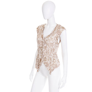 1990s Issey Miyake Brown White Crinkle Open Front Vest or Top One Size