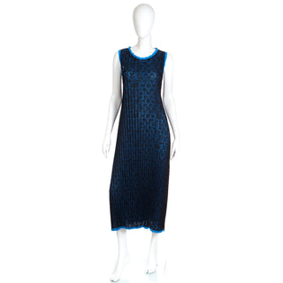 1990s Issey Miyake Black Lace Overlay Blue Pleated Dress
