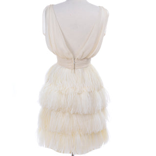 1960s Vintage Ivory Silk Evening Dress w/ Tiered Ostrich Feathers