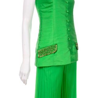 Vintage Jack Bryan green silk beaded jacket with pleated palazzo pants
