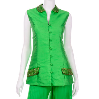 Jack Bryan Beaded silk green jacket and palazzo pants