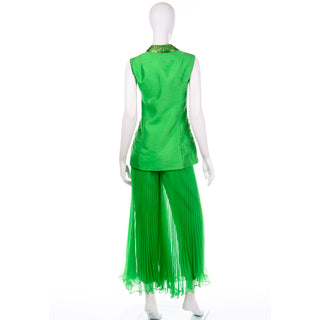 Jack Bryan Vintage Green Beaded Sleeveless Jacket & Palazzo Pants