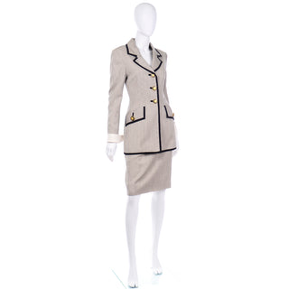 Jacques Fath Vintage 1980s Black and White skirt suit with removable cuffs and gold buttons