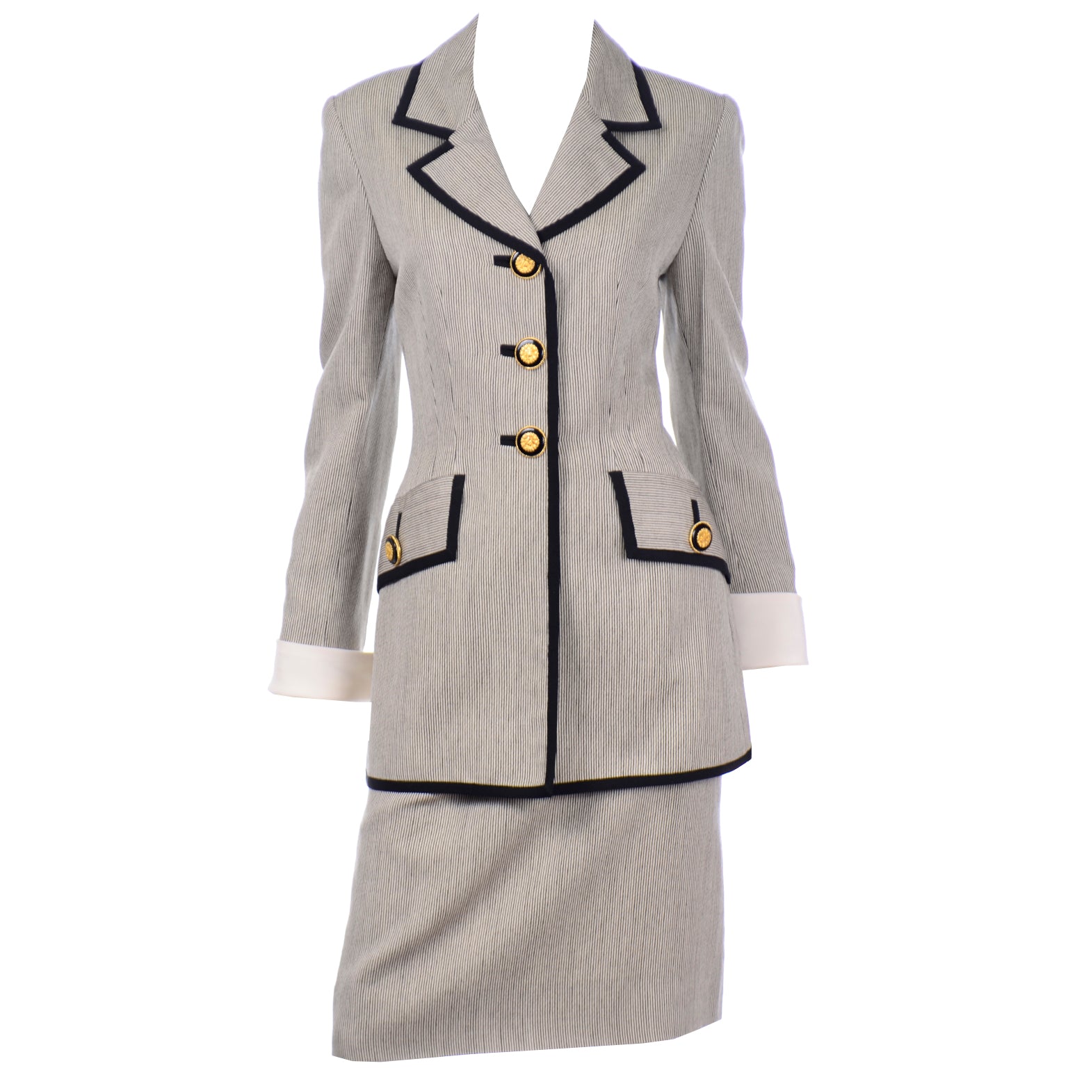 Jacques Fath Vintage Black Cream Striped Skirt Blazer Jacket