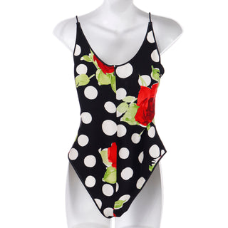 James Galanos Black & White Polka Dot Bodysuit & Sarong Skirt Red Roses Print 2 pc