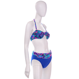 1980s Jantzen Classics Blue Floral High Cut Two Piece Bikini Swimsuit