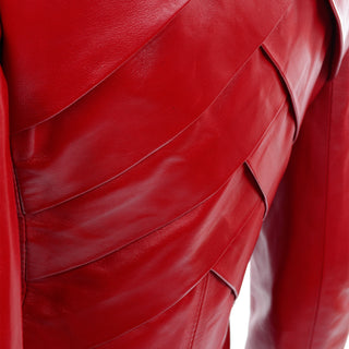 Jean-Louis Scherrer Red Lambskin Leather Jacket w/ Criss Cross Pleating Small