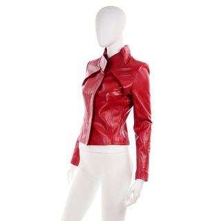 Jean-Louis Scherrer Red Lambskin Leather Jacket w/ Criss Cross Pleating Small