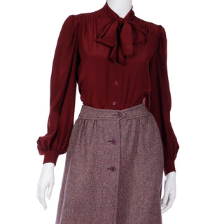 1970s Jean Patou Boutique 3pc Burgundy Plaid Culotte Vest & Silk Bow Blouse Outfit