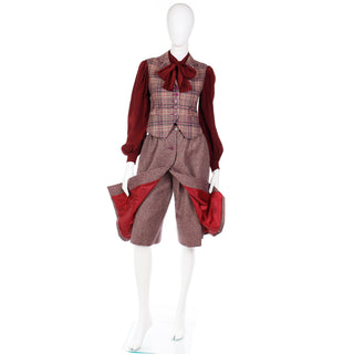 1970s Jean Patou Boutique 3pc Burgundy Plaid Vest & Tweed Culottes with Blouse Outfit
