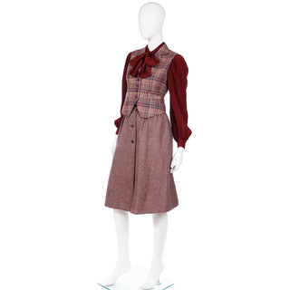 1970s Jean Patou Boutique 3pc Burgundy Plaid Culotte Vest & Blouse Outfit Size 4/6